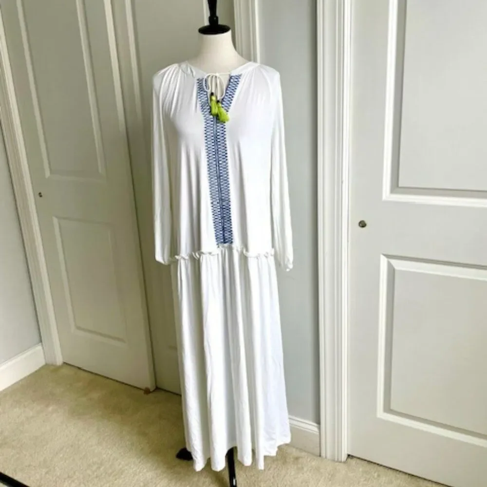 Cabana Life Long Sleeve White Blue Maxi Dress with Tassel Ties Size Large - Picture 2 of 5